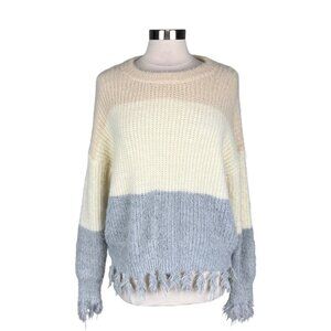 White Birch Womens Neutral Colorblock Crew Neck Sweater Fringe Fuzzy size Small